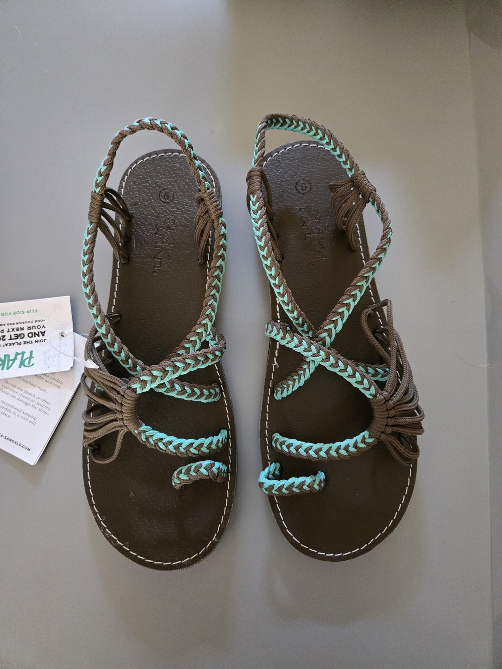 Brown Sandals with Teal Braided Straps - Women’s Casual Gladiator Sandal